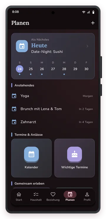Gemeinsamer Plan mit nächstem Date und Wochenübersicht