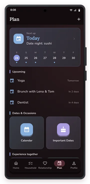 Shared plan with the next date and the week ahead